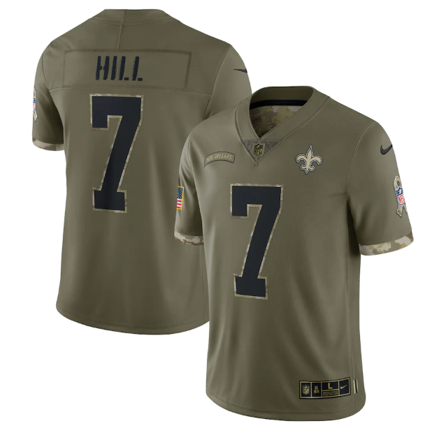 Men's New Orleans Saints #7 Taysom Hill Olive 2022 Salute To Service Limited Stitched Jersey Men's New Orleans Saints #7 Taysom Hill Olive 2022 Salute To Service Limited Stitched Jersey